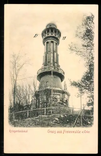 Relief-AK Freienwalde a. Oder, Kriegerdenkmal, Turm mit Fahnen