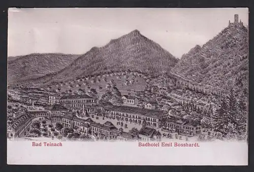 Relief-AK Bad Teinach-Zavelstein, Badhotel Emil Bosshardt mit Bergpanorama und Burg