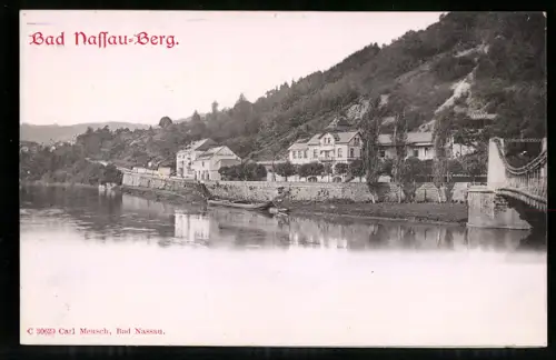 Relief-AK Bad Nassau-Berg, Uferpartie mit Brücke