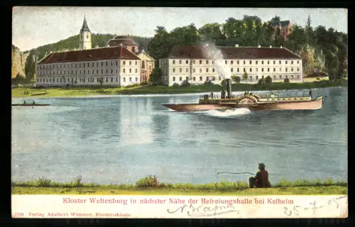 Relief-AK Weltenburg bei Kelheim, Kloster Weltenburg in der Nähe der Befreiungshalle