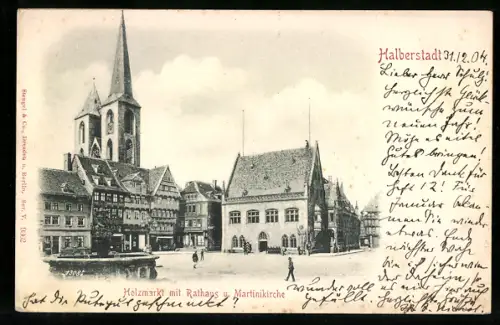 Relief-AK Halberstadt, Holzmarkt mit Rathaus und Martinikirche