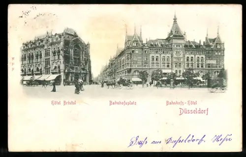 Relief-AK Düsseldorf, Bahnhofs-Hotel und Hotel Bristol am Bahnhofsplatz