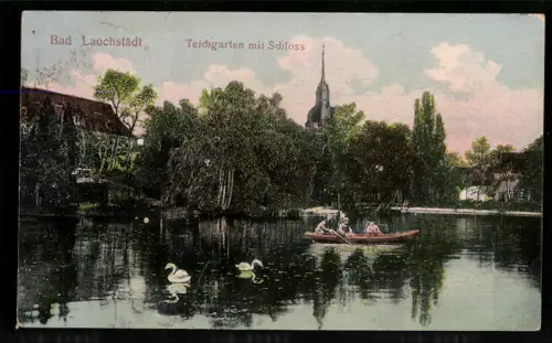 Relief-AK Bad Lauchstädt, Teichgarten mit Schloss
