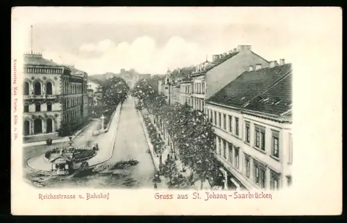 Relief-AK Saarbrücken-St. Johann, Reichsstrasse und Bahnhof