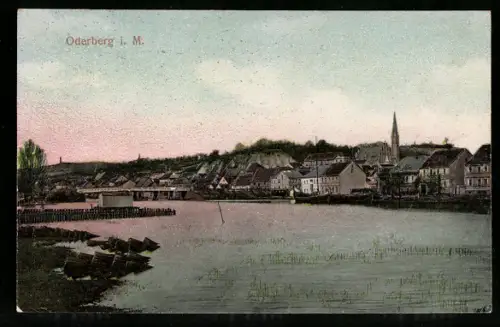 Relief-AK Oderberg i. M., Uferpartie mit Kirche
