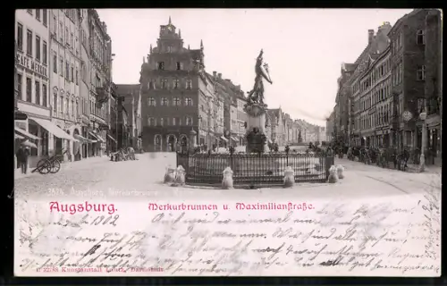 Relief-AK Augsburg, Maximilianstrasse mit Cafe Merkur und Merkurbrunnen