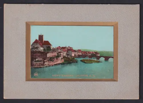 AK Lauffen a. N., Stadtansicht mit Neckarbrücke und Burg im Passepartout-Rahmen
