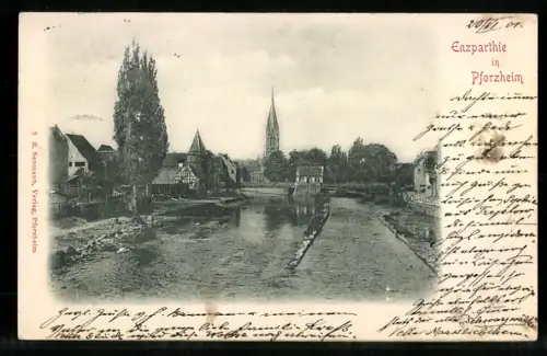 Relief-AK Pforzheim, Enzpartie mit Kirche