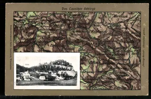 Relief-AK Oybin /Lausitzer Gebirge, Ortspartie mit Berg, Landkarte mit Marklissa, Lausche und Zwickau