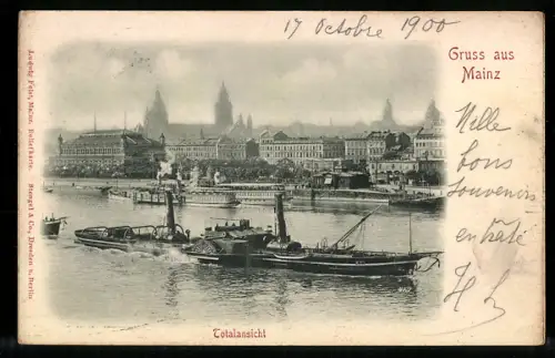 Relief-AK Mainz, Totalansicht mit Dampfer Mathias Stinnes, Im Hintergrund Kirche