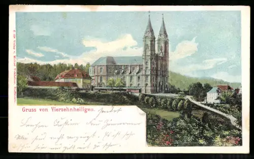 Relief-AK Vierzehnheiligen, Blick zur Kirche