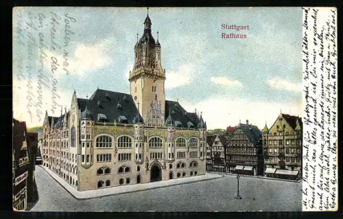 Relief-AK Stuttgart, Rathaus mit Strassenpartie