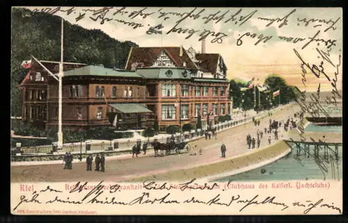 Relief-AK Kiel, Restaurant Seebadeanstalt an der Strandpromenade, Clubhaus des Kaiserlichen Yachtclubs
