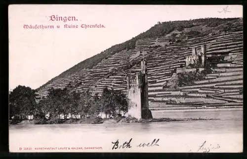 Relief-AK Bingen, Mäuseturm und Ruine Ehrenfels