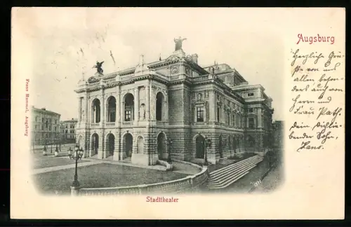 Relief-AK Augsburg, Stadttheater mit Strassenpartie
