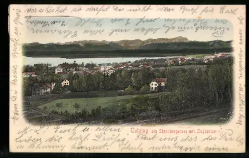 Relief-AK Tutzing am Starnbergersee, Teilansicht mit Zugspitze