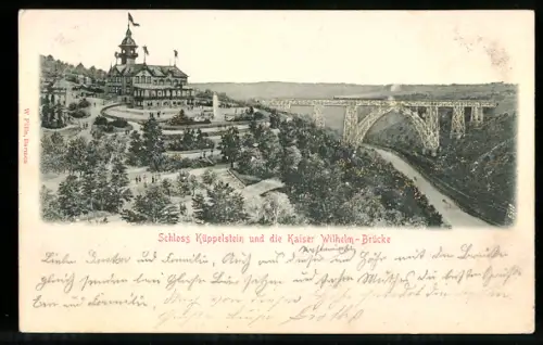 Relief-AK Müngsten, Schloss Küppelstein und die Kaiser Wilhelm-Brücke