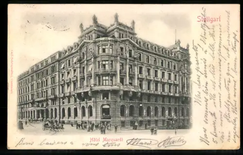 Relief-AK Stuttgart, Hotel Marquardt mit Strassenpartie