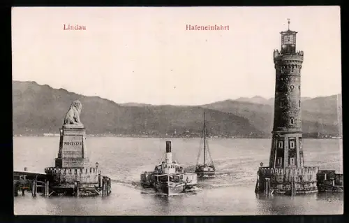 Relief-AK Lindau, Hafeneinfahrt mit Leuchtturm