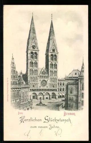 Relief-AK Bremen, Dom mit Strassenpartie, Neujahrsgruss