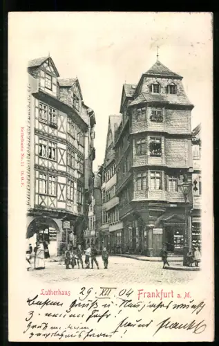 Relief-AK Alt-Frankfurt, Lutherhaus mit Strassenpartie