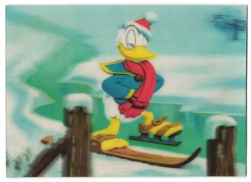 3D-AK Donald Duck auf einem Skier und Schlittschuh