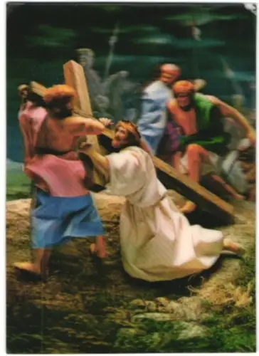 3D-AK Jesus trägt sein Kreuz den Berg hinauf