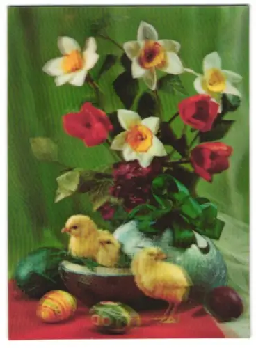AK 3D-Karte, Easter Greeting, Osterglocken mit Küken & Osterei