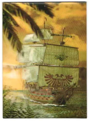 3D-AK Spanisches Segelschiff fährt ins Abendrot