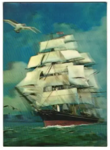 3D-AK Grosses Schiff mit weissen Segeln auf hoher See