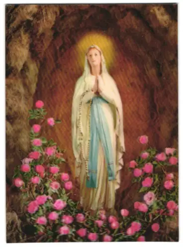 3D-AK Jungfrau von Lourdes steht betend in einer Höhle