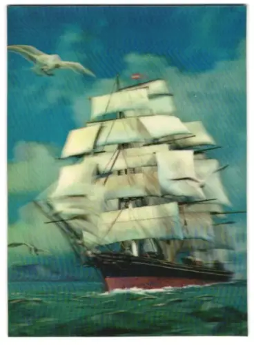3D-AK Grosses Schiff mit weissen Segeln auf hoher See