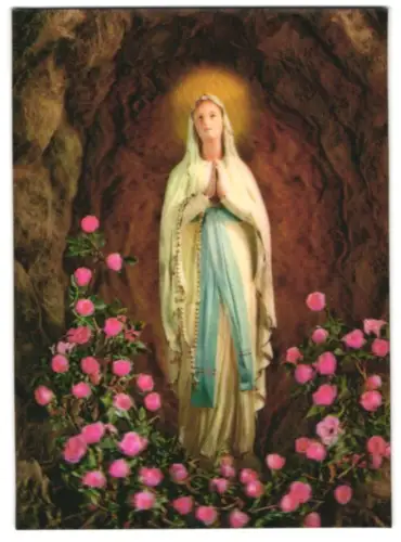 3D-AK Jungfrau von Lourdes steht betend in einer Höhle