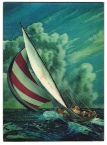 3D-AK Kleines Segelschiff im Meer