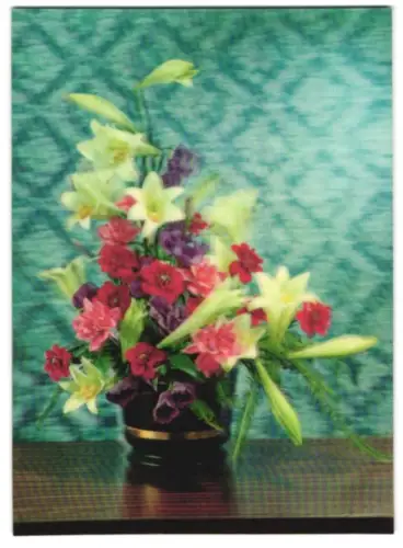 3D-AK Buntes Blumengesteck in weiss, rot und violett