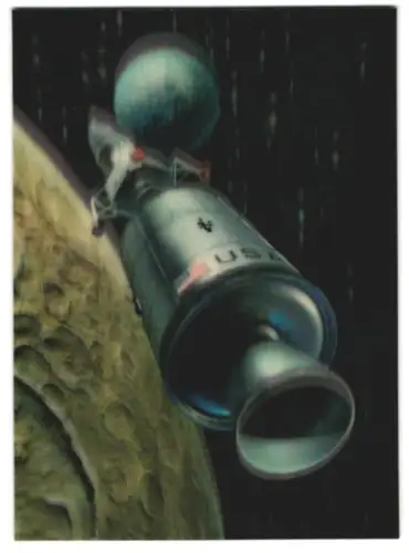 3D-AK Mondrakete am Mond mit Blick auf Erdkugel