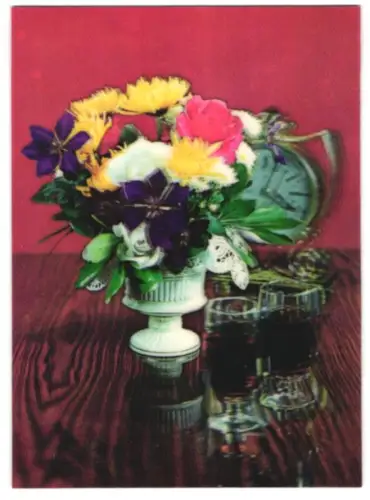 3D-AK Blumenstrauss und Weingläser mit Uhr