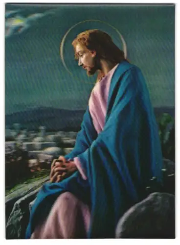 3D-AK nachdenklich wirkender Jesus auf Felsen