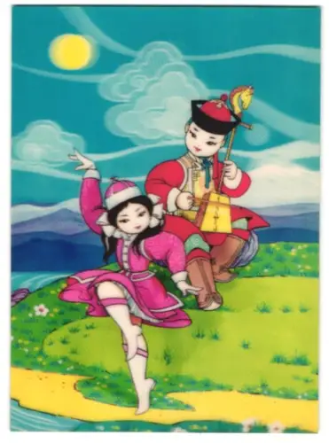 3D-AK Trachtenpaar im Grünen, Tänzerin, Musiker, Streichinstrument