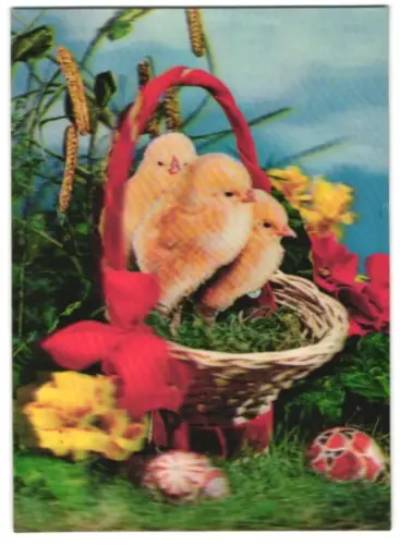 3D-AK Drei Osterküken im Körbchen