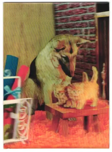 3D-AK Schäferhund beäugt zwei Katzenkinder