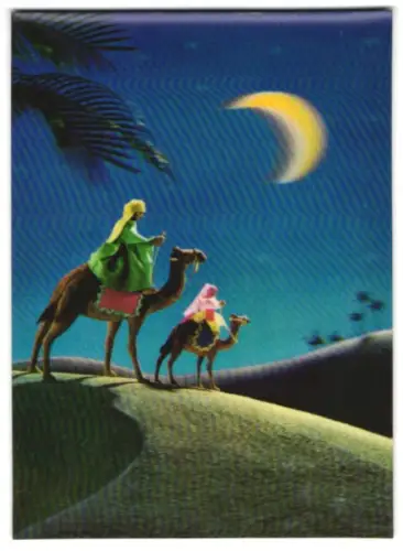 3D-AK Arabische Wüste, Paar auf Kamelen, Mond