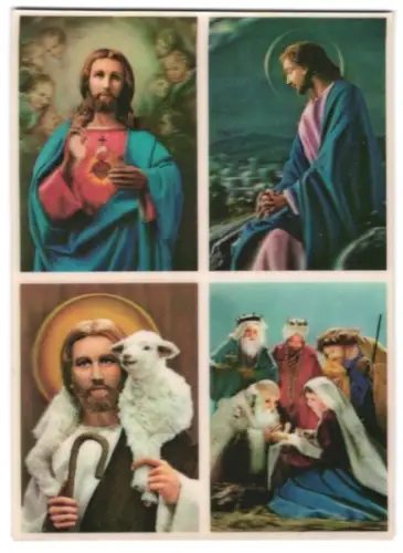 3D-AK Jesus mit Lamm, beim Beten, Geburt im Stall mit Heiligen