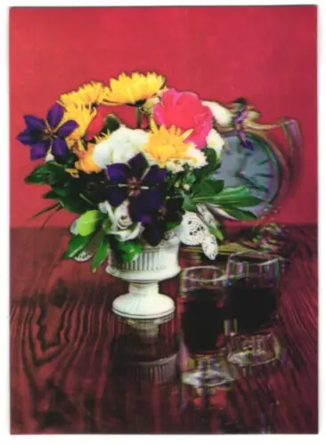 3D-AK Blumenstrauss und Weingläser mit Uhr