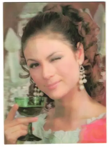 3D-AK braunhaarige Schönheit hebt ihr Weinglas und zwinkert dem Betrachter zu