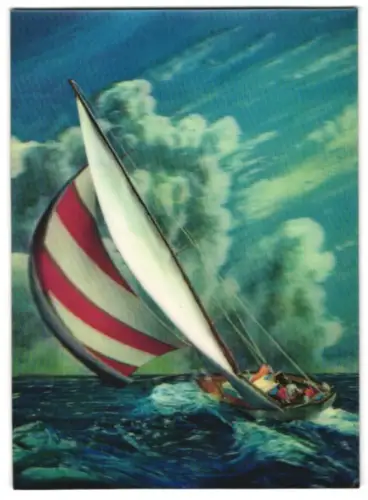 3D-AK Kleines Segelschiff im Meer