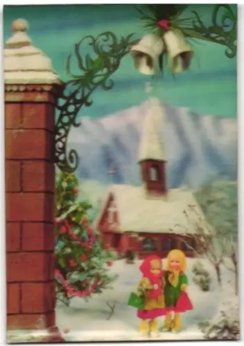 3D-AK Zwei Kinder stehen unter einem Torbogen vor einer Kirche, Weihnachtsbaum