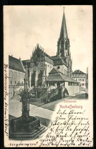 Relief-AK Aschaffenburg, Stiftskirche mit Brunnen