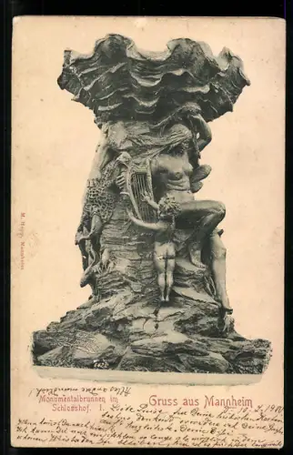 Relief-AK Mannheim, Monumentalbrunnen im Schlosshof