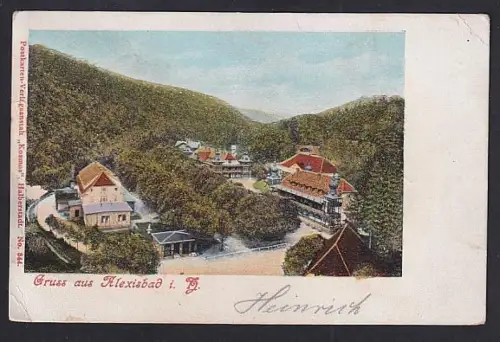 Glitzer-Perl-AK Alexisbad i. H., Teilansicht des Ortes mit umgebendem Wald